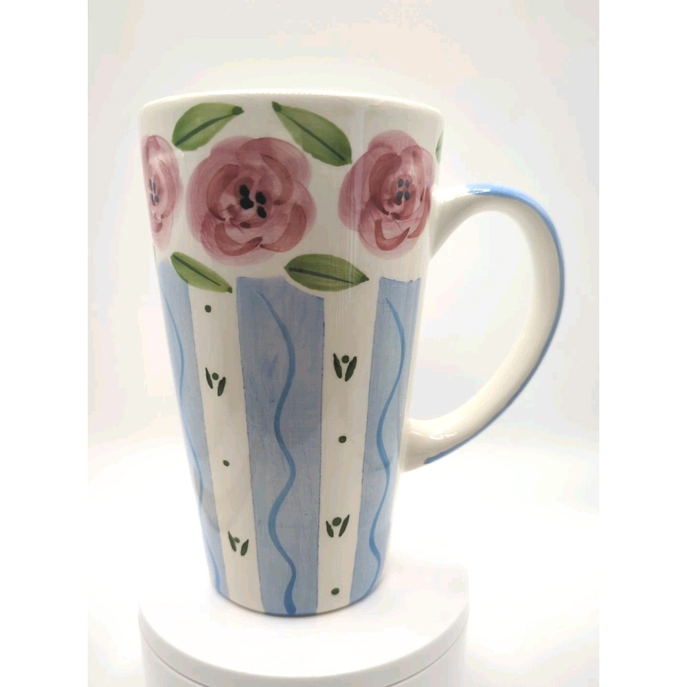Vintage KIC Ceramic Rose Stripe Mug 16oz Handpainted Alecia Keen Thailand